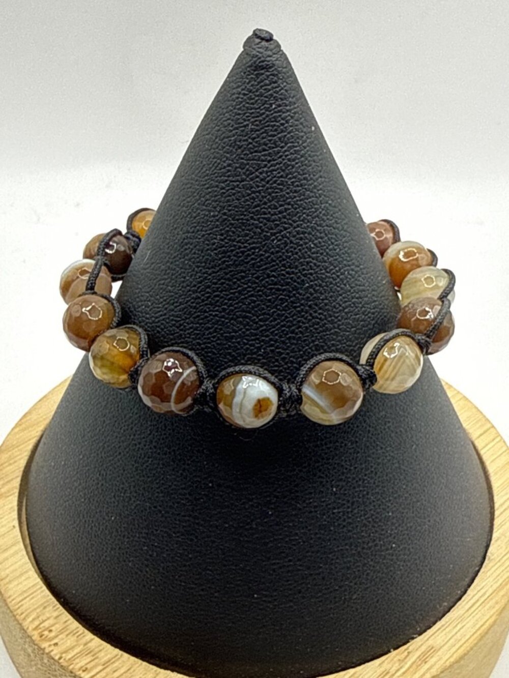 Faceted Brown Striped Faux Agate Macrame Shamballa Beaded Boho Unisex Bracelet